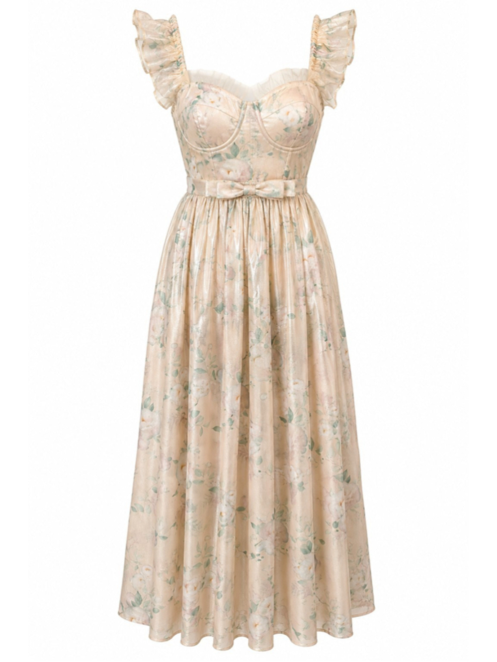 Amale By Mable Floral Shimmer Maxi Dress Sz S Ruffle Strap Bow Back Cottagecore